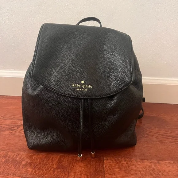 Kate Spade New York Black Pebbled Leather Flap Drawstring Backpack Gold Hardware Kate Spade New York Black Gray Pebbled Laeather Flap Closure  main image 4